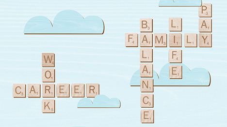 Scrabble tiles: work, career, balance, family, life, pay.