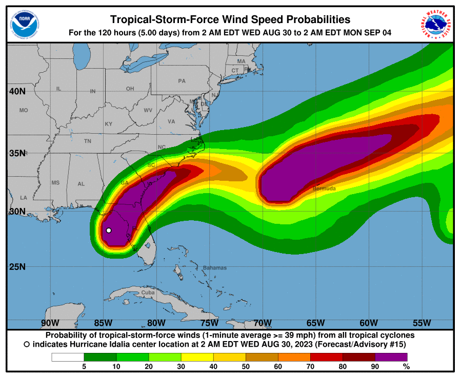 Wind Speed Probabilities, Tropical Storm Idalia - 8/30/2023 - 1243z